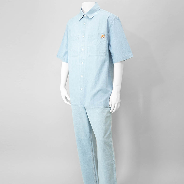 MAISON KITSUNE メンズ 半袖シャツ RELAXED SHORT SLEEVE SHIRT OM00424 WC5006 INDIGO ライトブルー P470