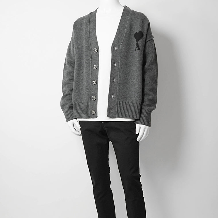 AMI メンズ カーディガン UKC367 018 GRIS CHINE NOIR グレー ブラック 0504