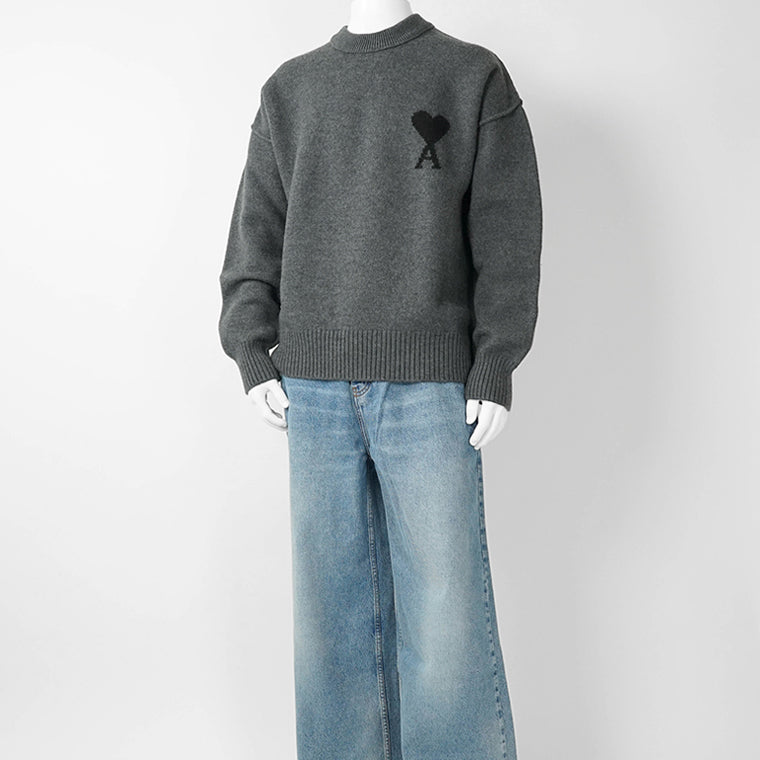 AMI メンズ ニット UKS838 018 GRIS CHINE NOIR グレー ブラック 050