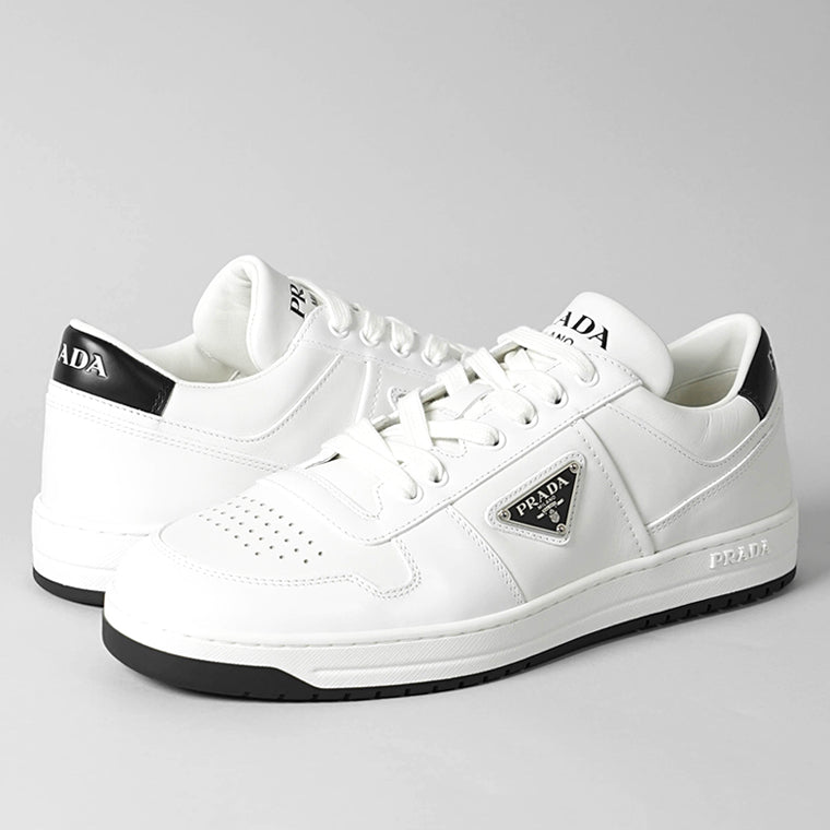 PRADA メンズ スニーカー DOWNTOWN LEATHER SNEAKERS 2EE364 3LJ6 BIANCO NERO ホワイト ブラック F0964