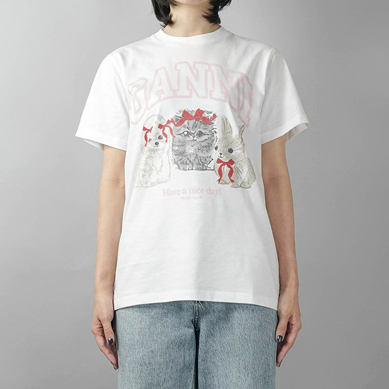 GANNI レディース Tシャツ WHITE ANIMALS PRINT T SHIRT A1050029 BRIGHT WHITE ホワイト 151