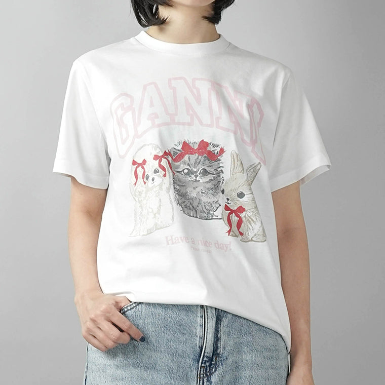 GANNI レディース Tシャツ WHITE ANIMALS PRINT T SHIRT A1050029 BRIGHT WHITE ホワイト 151