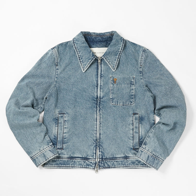 AMI メンズ デニムジャケット AMI DE COEUR WASHED DENIM ZIP JACKET HJK835 DE0046 BLEU USED ウォッシュブルー 480