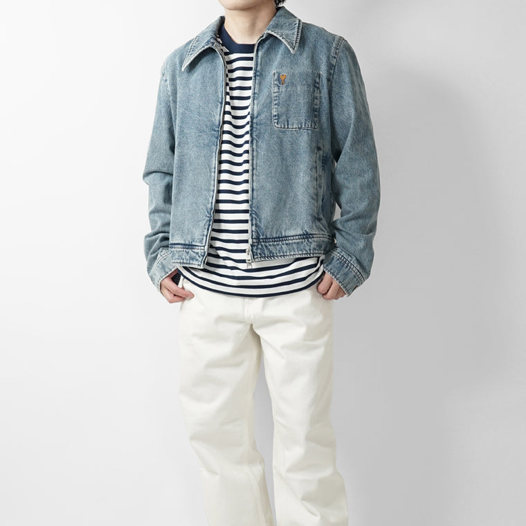 AMI メンズ デニムジャケット AMI DE COEUR WASHED DENIM ZIP JACKET HJK835 DE0046 BLEU USED ウォッシュブルー 480