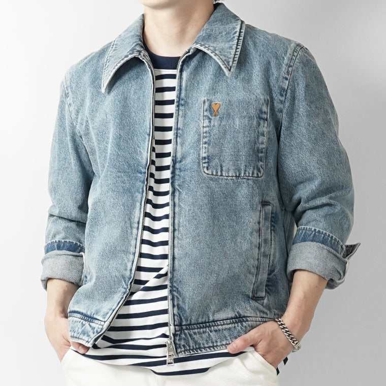 AMI メンズ デニムジャケット AMI DE COEUR WASHED DENIM ZIP JACKET HJK835 DE0046 BLEU USED ウォッシュブルー 480