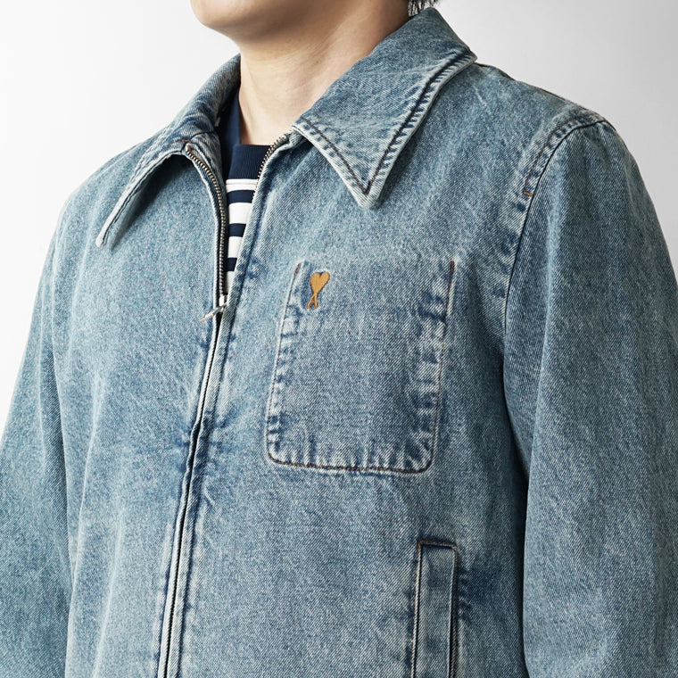 AMI メンズ デニムジャケット AMI DE COEUR WASHED DENIM ZIP JACKET HJK835 DE0046 BLEU USED ウォッシュブルー 480