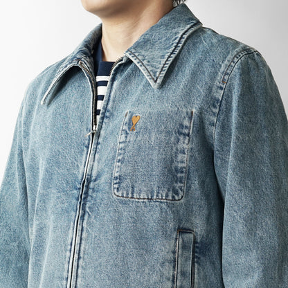 AMI メンズ デニムジャケット AMI DE COEUR WASHED DENIM ZIP JACKET HJK835 DE0046 BLEU USED ウォッシュブルー 480