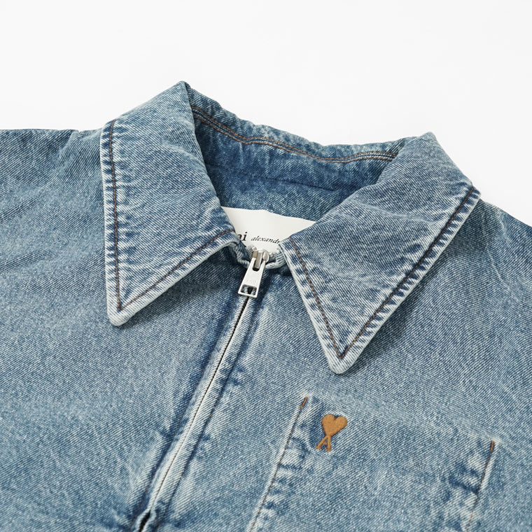 AMI メンズ デニムジャケット AMI DE COEUR WASHED DENIM ZIP JACKET HJK835 DE0046 BLEU USED ウォッシュブルー 480