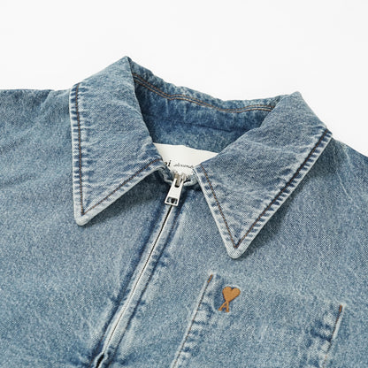 AMI メンズ デニムジャケット AMI DE COEUR WASHED DENIM ZIP JACKET HJK835 DE0046 BLEU USED ウォッシュブルー 480