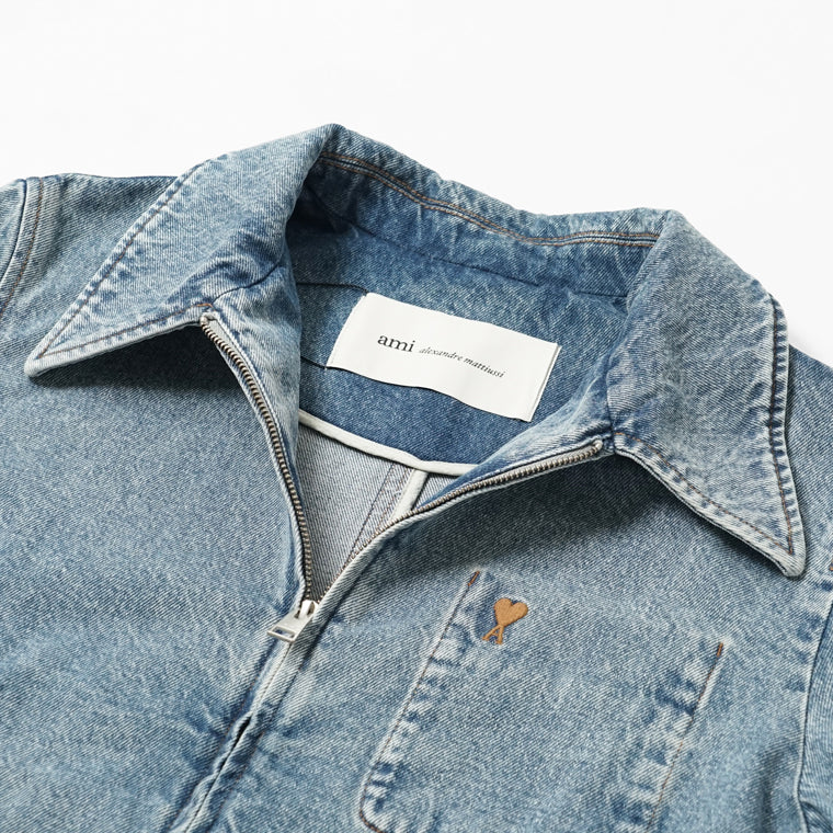 AMI メンズ デニムジャケット AMI DE COEUR WASHED DENIM ZIP JACKET HJK835 DE0046 BLEU USED ウォッシュブルー 480