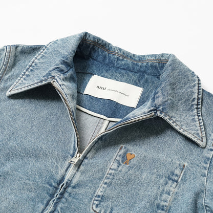 AMI メンズ デニムジャケット AMI DE COEUR WASHED DENIM ZIP JACKET HJK835 DE0046 BLEU USED ウォッシュブルー 480