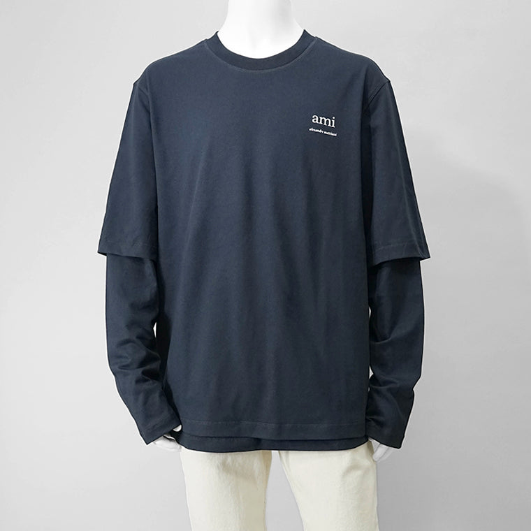 【SUMMER FINAL SALE】 AMI メンズ 長袖Tシャツ HTS248 JE0119 BLEU MARINE ネイビー 4011