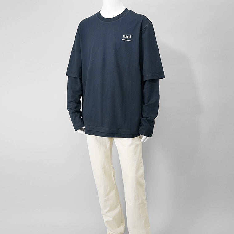 【SUMMER FINAL SALE】 AMI メンズ 長袖Tシャツ HTS248 JE0119 BLEU MARINE ネイビー 4011