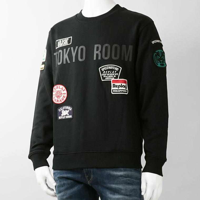 REPLAY メンズ スウェットシャツ BRUSHED COTTON PATCH SWEATSHIRT M13LR 7242NW ブラック 098