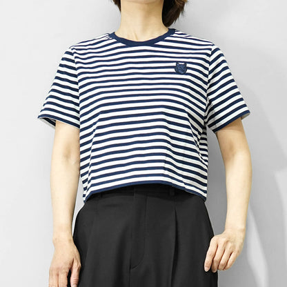MAISON KITSUNE レディース Tシャツ BOLD FOX HEAD PATCH MULTI STRIPES BABY TEE SHIRT OW00110 KJ0008 INK BLUE MILK ネイビー ミルク 0243