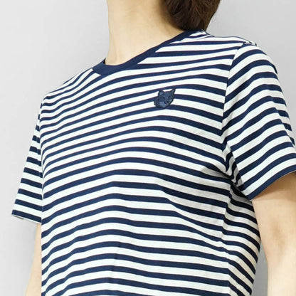MAISON KITSUNE レディース Tシャツ BOLD FOX HEAD PATCH MULTI STRIPES BABY TEE SHIRT OW00110 KJ0008 INK BLUE MILK ネイビー ミルク 0243