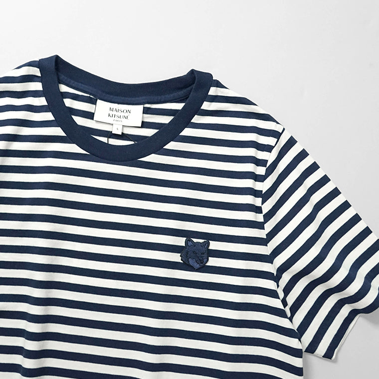 MAISON KITSUNE レディース Tシャツ BOLD FOX HEAD PATCH MULTI STRIPES BABY TEE SHIRT OW00110 KJ0008 INK BLUE MILK ネイビー ミルク 0243