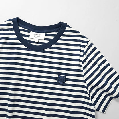MAISON KITSUNE レディース Tシャツ BOLD FOX HEAD PATCH MULTI STRIPES BABY TEE SHIRT OW00110 KJ0008 INK BLUE MILK ネイビー ミルク 0243