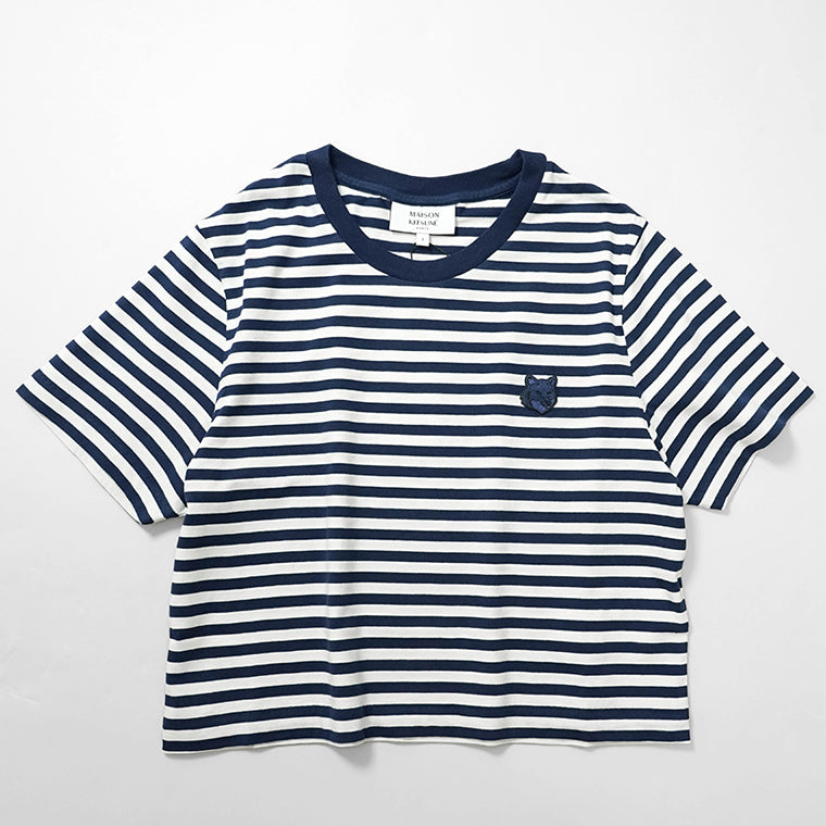MAISON KITSUNE レディース Tシャツ BOLD FOX HEAD PATCH MULTI STRIPES BABY TEE SHIRT OW00110 KJ0008 INK BLUE MILK ネイビー ミルク 0243