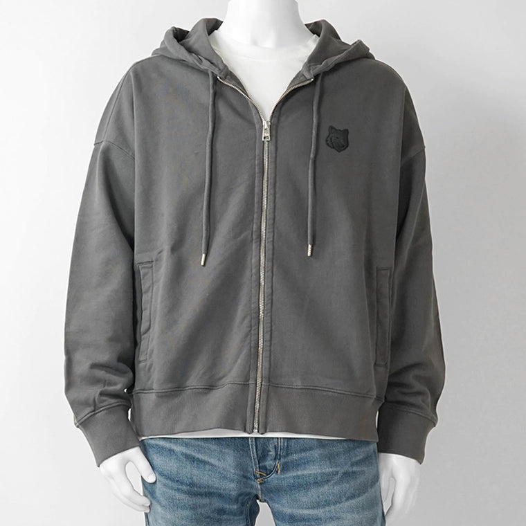 MAISON KITSUNE メンズ ジップアップパーカー FOX HEAD ZIPPED OVERSIZE HOODIE PM02138 KM0340 CHARCOAL チャコール P180