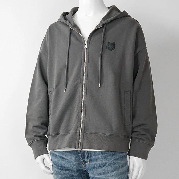 MAISON KITSUNE メンズ ジップアップパーカー FOX HEAD ZIPPED OVERSIZE HOODIE PM02138 KM0340 CHARCOAL チャコール P180