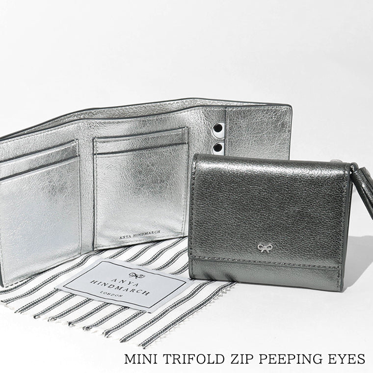 ANYA HINDMARCH レディース 3つ折り財布 MINI TRIFOLD ZIP PEEPING EYES 210423 メタリックグレー ANTHRACITE