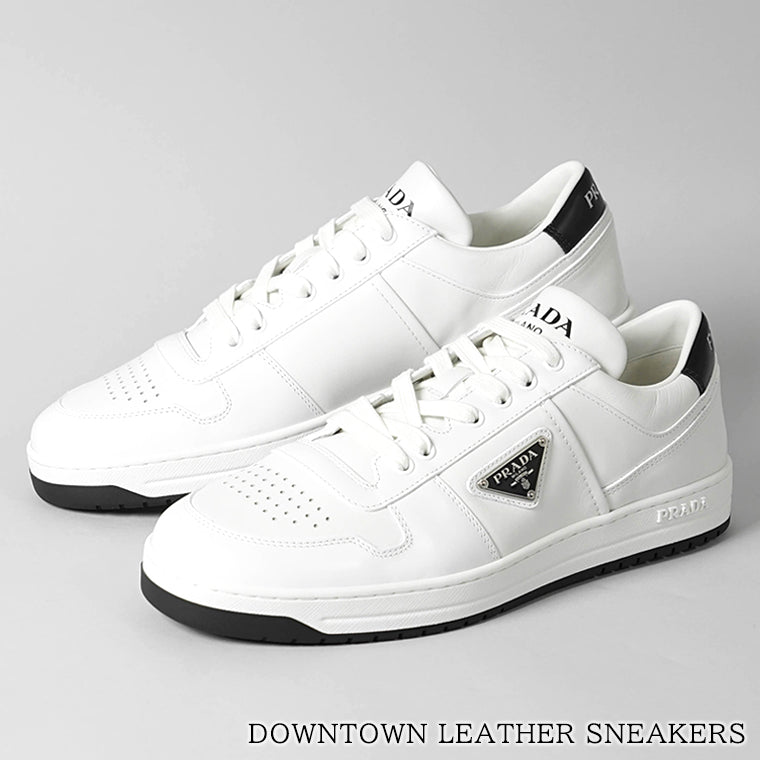 PRADA メンズ スニーカー DOWNTOWN LEATHER SNEAKERS 2EE364 3LJ6 BIANCO NERO ホワイト ブラック F0964