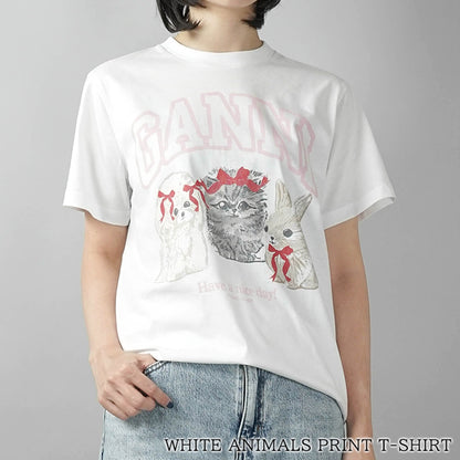 GANNI レディース Tシャツ WHITE ANIMALS PRINT T SHIRT A1050029 BRIGHT WHITE ホワイト 151