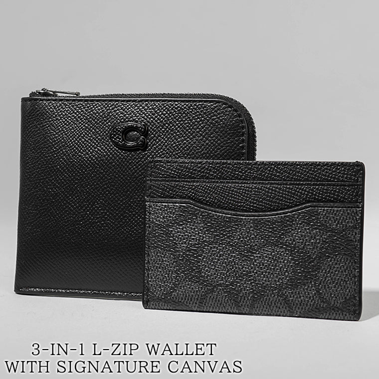 COACH メンズ コインケース＆カードケースセット 3 IN 1 L ZIP WALLET WITH SIGNATURE CANVAS CJ882 BK CQ ブラック チャコール BLACK CHARCOAL