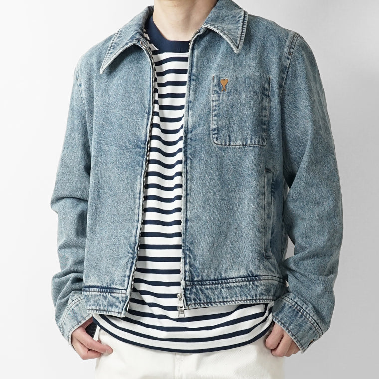 AMI メンズ デニムジャケット AMI DE COEUR WASHED DENIM ZIP JACKET HJK835 DE0046 BLEU USED ウォッシュブルー 480