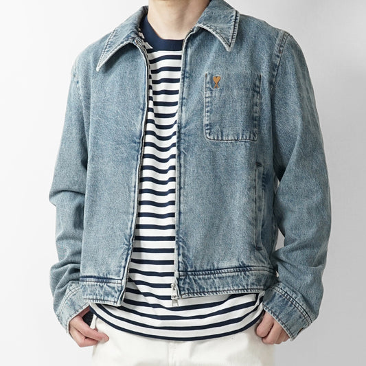 AMI メンズ デニムジャケット AMI DE COEUR WASHED DENIM ZIP JACKET HJK835 DE0046 BLEU USED ウォッシュブルー 480