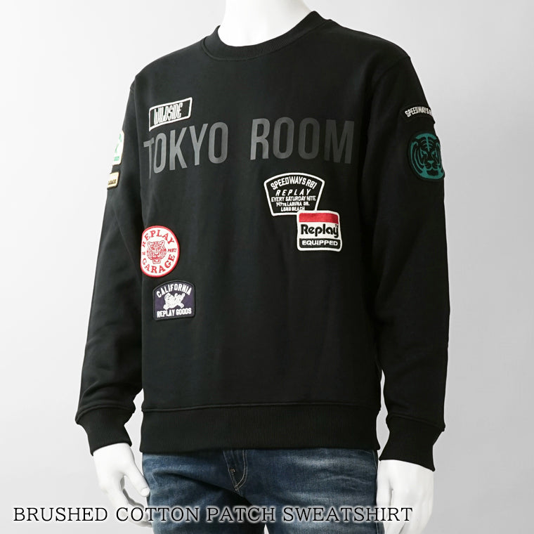 REPLAY メンズ スウェットシャツ BRUSHED COTTON PATCH SWEATSHIRT M13LR 7242NW ブラック 098