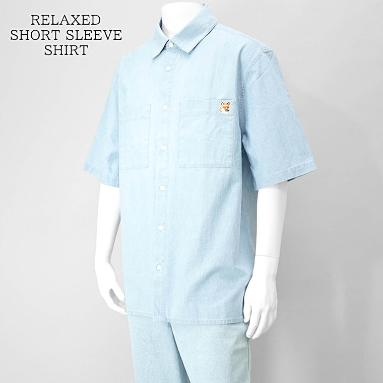 【SUMMER FINAL SALE】 MAISON KITSUNE メンズ 半袖シャツ RELAXED SHORT SLEEVE SHIRT OM00424 WC5006 INDIGO ライトブルー P470