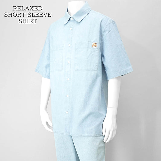 【SUMMER FINAL SALE】 MAISON KITSUNE メンズ 半袖シャツ RELAXED SHORT SLEEVE SHIRT OM00424 WC5006 INDIGO ライトブルー P470