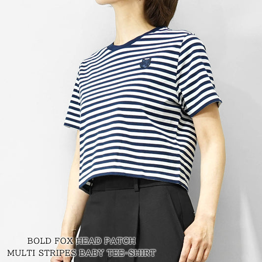 MAISON KITSUNE レディース Tシャツ BOLD FOX HEAD PATCH MULTI STRIPES BABY TEE SHIRT OW00110 KJ0008 INK BLUE MILK ネイビー ミルク 0243