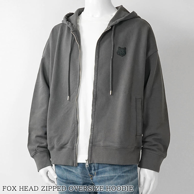 MAISON KITSUNE メンズ ジップアップパーカー FOX HEAD ZIPPED OVERSIZE HOODIE PM02138 KM0340 CHARCOAL チャコール P180