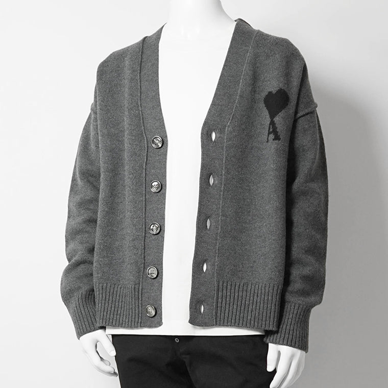 AMI メンズ カーディガン UKC367 018 GRIS CHINE NOIR グレー ブラック 0504