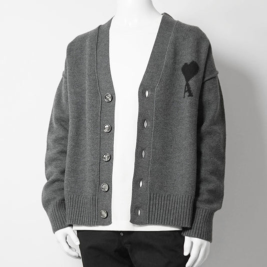 AMI メンズ カーディガン UKC367 018 GRIS CHINE NOIR グレー ブラック 0504