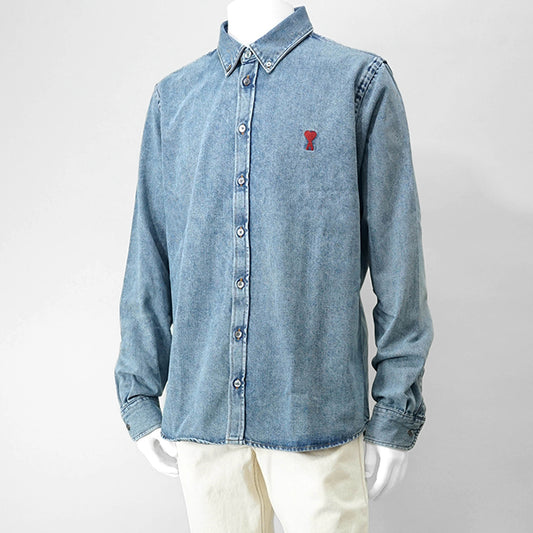 【SUMMER FINAL SALE】 AMI メンズ デニムシャツ USH063 DE0056 USED BLUE ウォッシュブルー 480