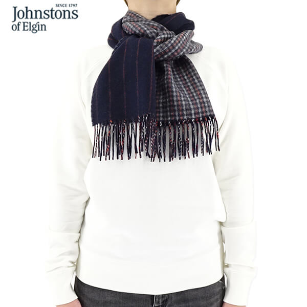Johnstons レディース メンズ カシミア100％ Wフェイス マフラー WA000020 RU7133 GUNCLUB PINSTRIPE ガンクラブ ストライプ