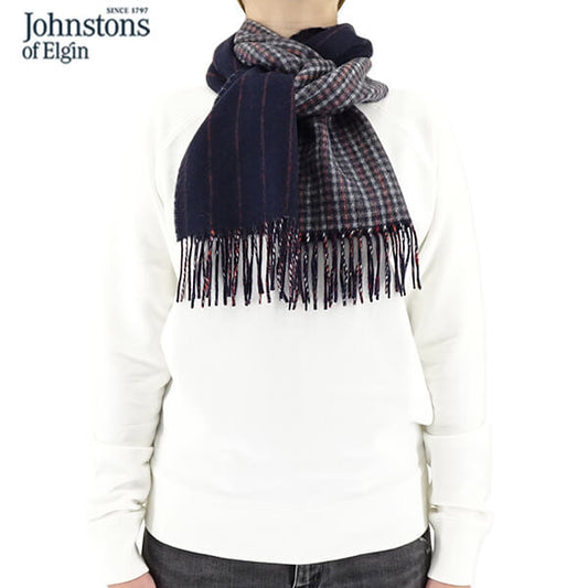 Johnstons レディース メンズ カシミア100％ Wフェイス マフラー WA000020 RU7133 GUNCLUB PINSTRIPE ガンクラブ ストライプ