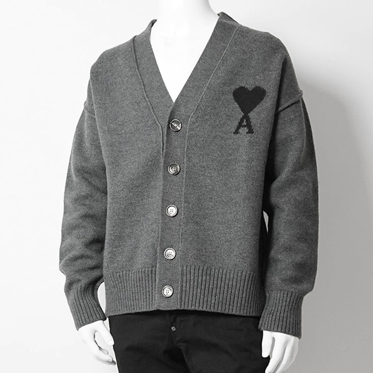 AMI メンズ カーディガン UKC367 018 GRIS CHINE NOIR グレー ブラック 0504
