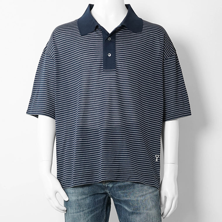 【2026SS SUMMER SALE】AMI メンズ ポロシャツ AMI DE COEUR POLO UPL422 JE0212 ENCRE BLANC ネイビー ホワイト A044