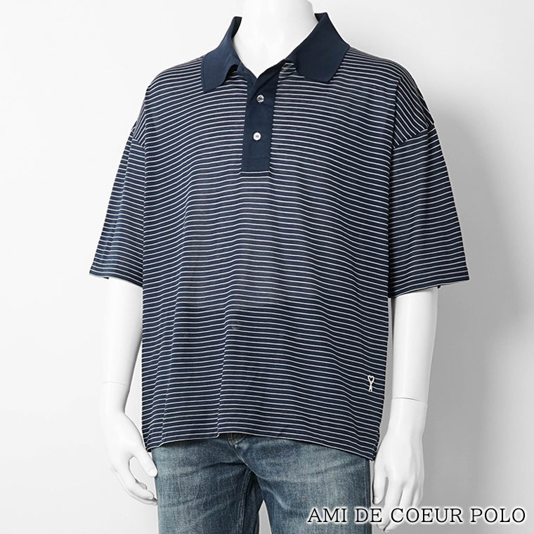 【2026SS SUMMER SALE】AMI メンズ ポロシャツ AMI DE COEUR POLO UPL422 JE0212 ENCRE BLANC ネイビー ホワイト A044