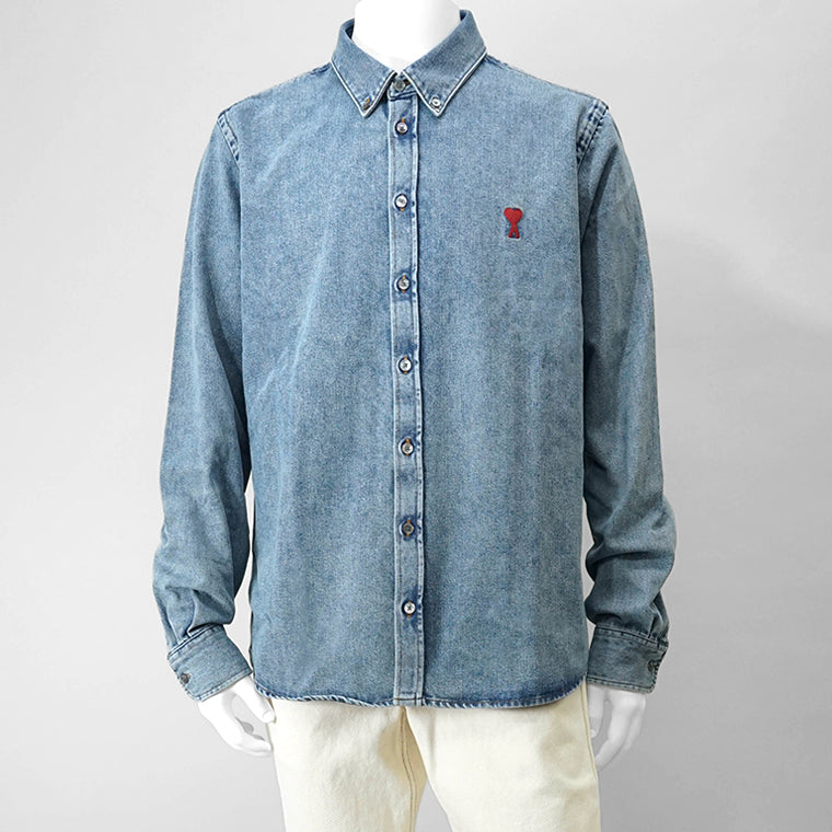 【SUMMER FINAL SALE】 AMI メンズ デニムシャツ USH063 DE0056 USED BLUE ウォッシュブルー 480