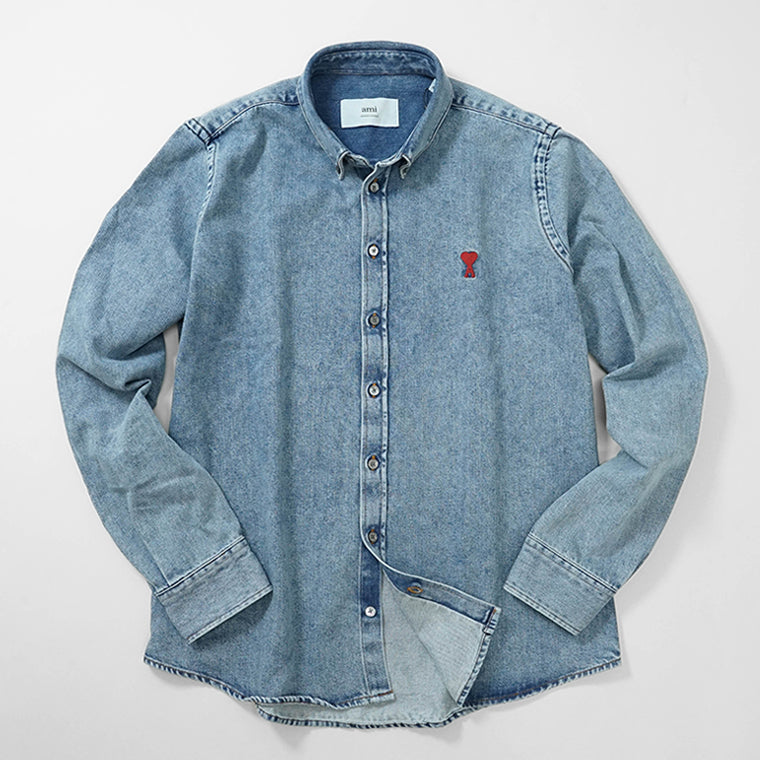 【SUMMER FINAL SALE】 AMI メンズ デニムシャツ USH063 DE0056 USED BLUE ウォッシュブルー 480