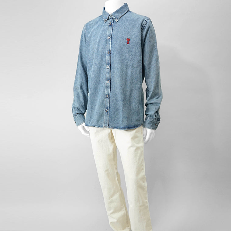 【SUMMER FINAL SALE】 AMI メンズ デニムシャツ USH063 DE0056 USED BLUE ウォッシュブルー 480