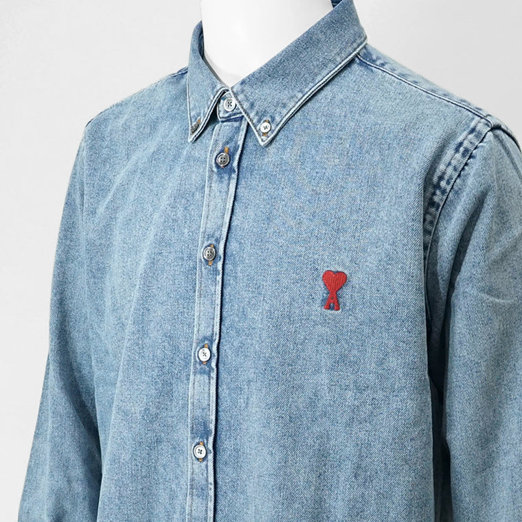 【SUMMER FINAL SALE】 AMI メンズ デニムシャツ USH063 DE0056 USED BLUE ウォッシュブルー 480